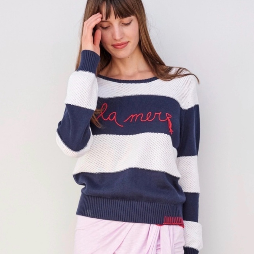 SUNDRY x ANTHROPOLOGIE La Mer Nautical Striped Blue White Knit Crew Neck Sweater